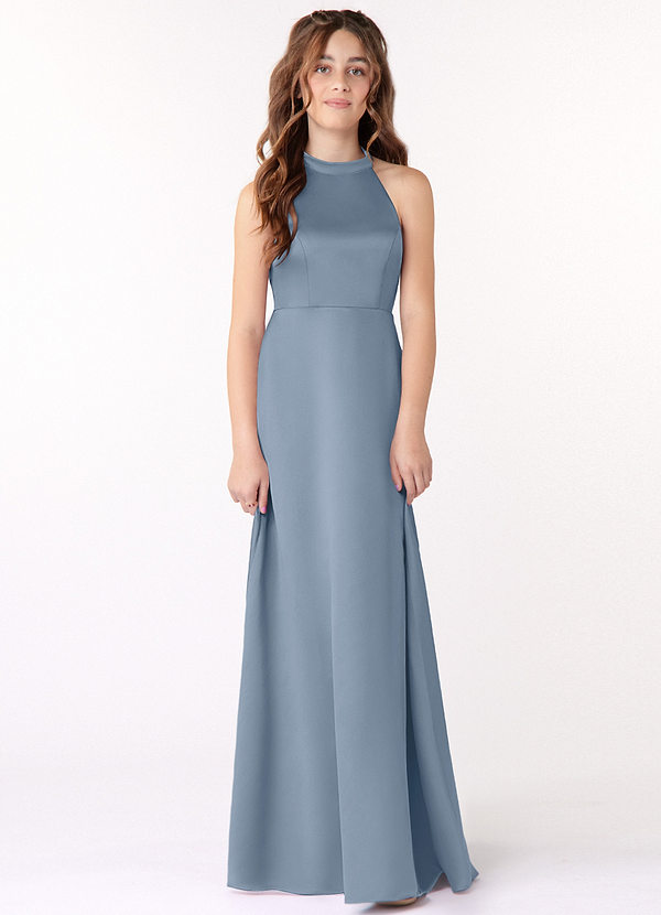 Azazie Laurel Vestido de Azul Polvoriento de Satin Mate de Acampanado image1