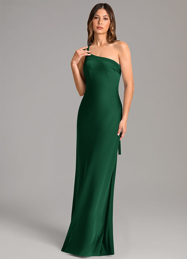 Azazie Monroe Bridesmaid Dresses Dark Green Mermaid One Shoulder Stretch Satin Dress image1