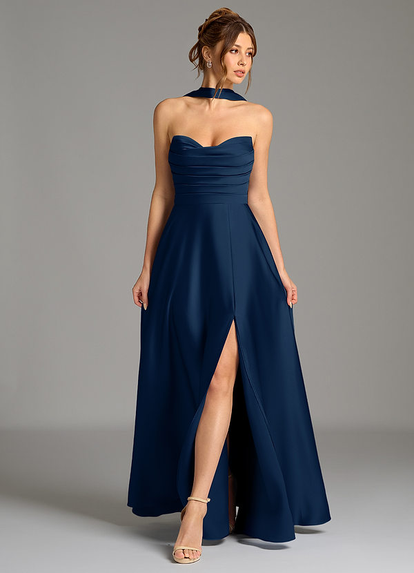 Azazie Ayla Vestidos de dama de honor Vestido Azul Marino Oscuro de Satén Elástico de Línea A con Corsé image1