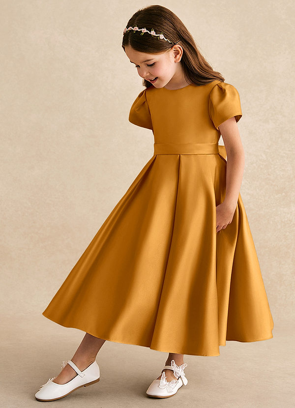 Azazie Princess Flower Girl Dresses Butterscotch A-Line Pleated Matte Satin Dress image1