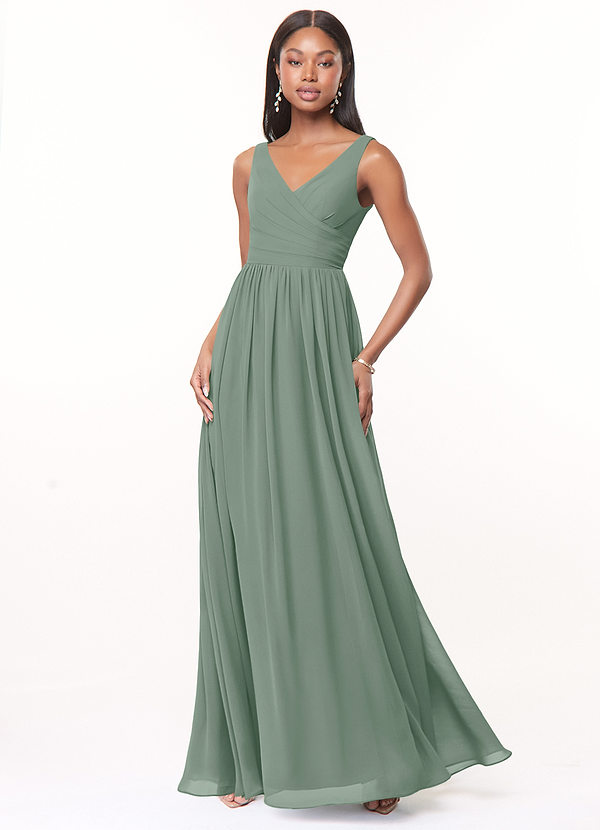 Azazie Keyla Bridesmaid Dresses Silver Sage A-Line V-Neck Pleated Chiffon Dress image1