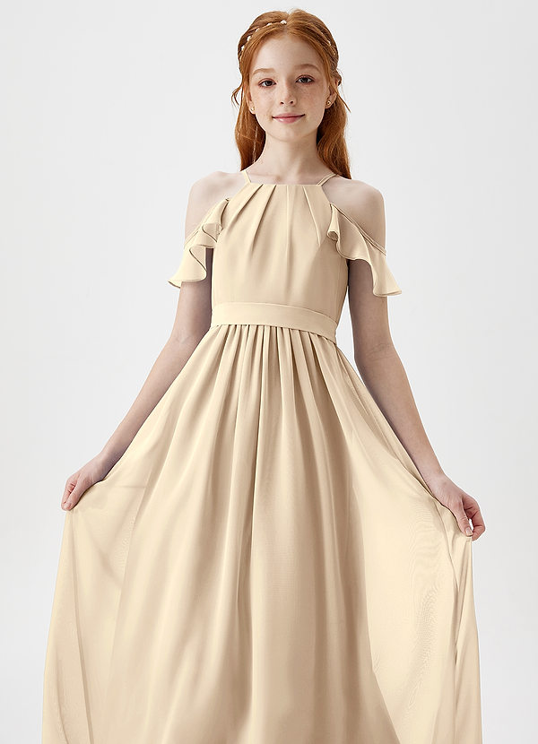 Azazie Chaya Junior Champagne A-Line Off the Shoulder Chiffon Dress image1