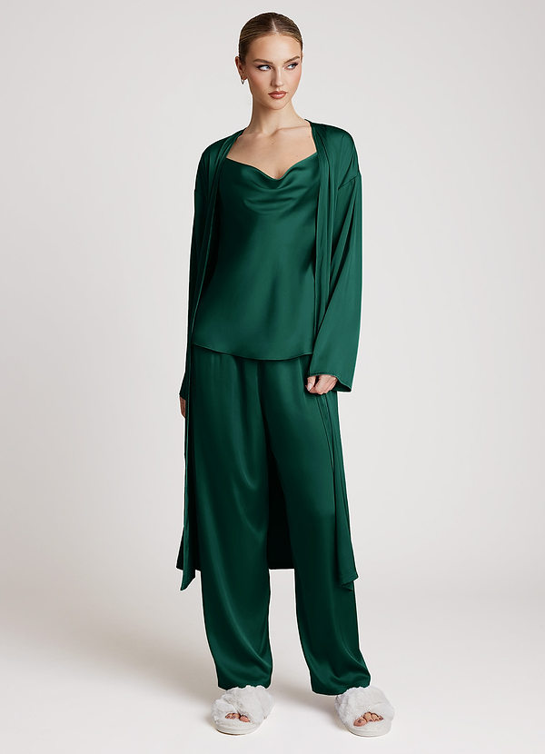 front Emerald Satin Long Sleeves 3-Piece Loungewear Set
