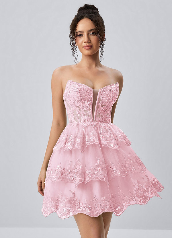 Liaorde Roze Mini-jurk met kant, paillettenborduursel, ruches en A-lijn model, korset image1
