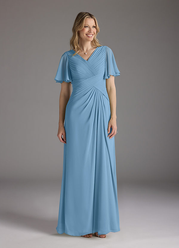 Azazie Morning Glory Vestidos de Madre de la Novia Vestido de Azul Acero de Gasa de Corte en A con Cuello en V fruncido image1