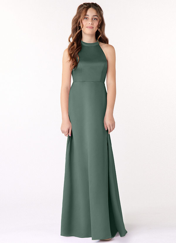 Azazie Laurel Junior Sea Moss A-Line Stretch Satin Dress image1