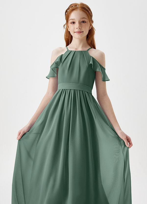 Azazie Chaya Junior Sea Moss A-Line Off the Shoulder Chiffon Dress image1
