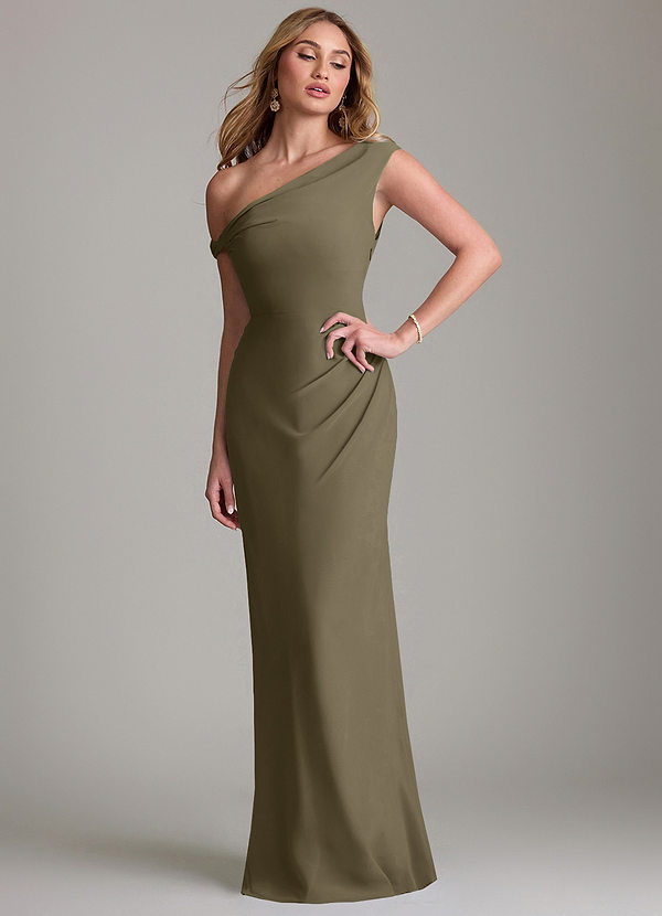 Azazie Emerson Bridesmaid Dresses Willow Green Sheath Off the Shoulder Chiffon Dress image1