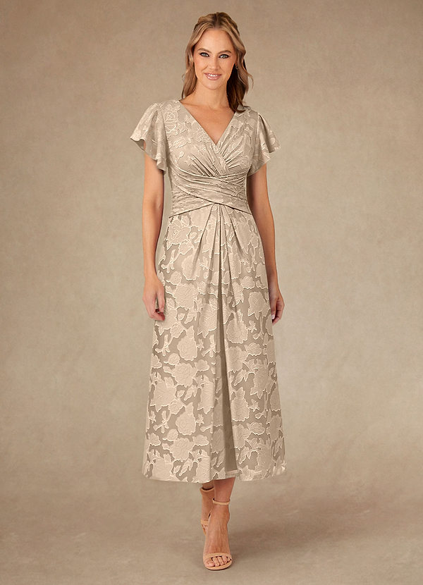 Azazie Vera Mother of the Brides Dresses Champagne A-Line Pleated Floral Burnout Dress image1