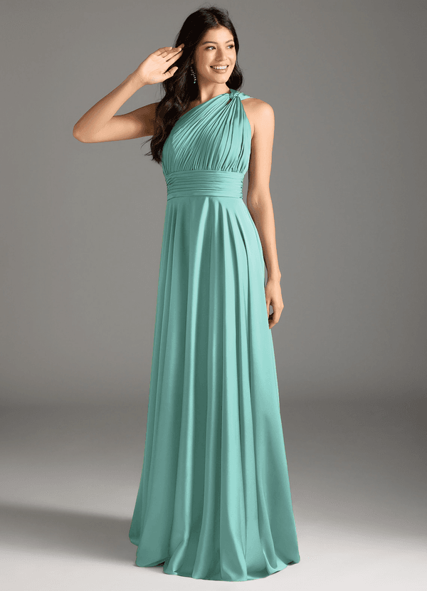 Azazie Charlize Bridesmaid Dresses Aqua A-Line One Shoulder Stretch Satin Dress image1