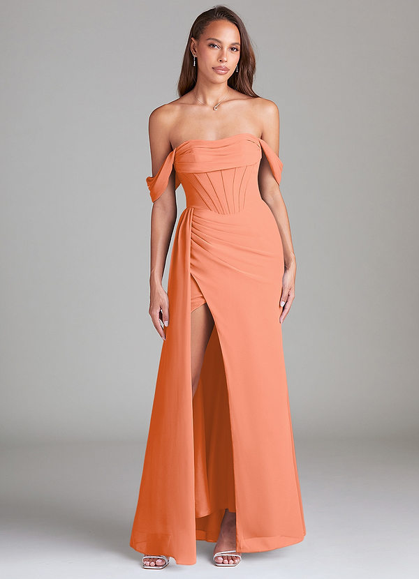 Azazie Amyra Bruidsmeisjes Jurken Converteerbaar Jurk van Chiffon met Kolom Off the Shoulder Zonsondergang image1