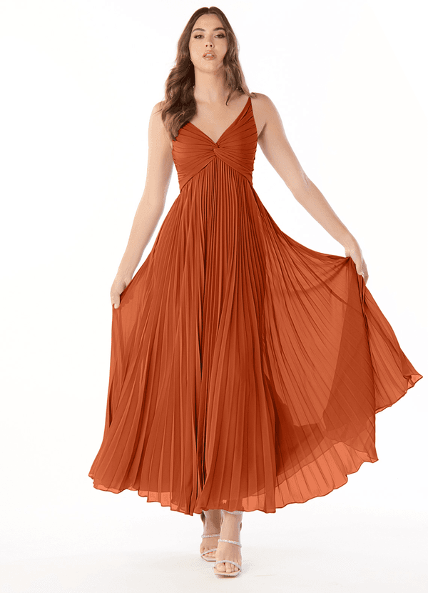 Azazie Raychelle Vestidos Dama de Honor Vestido de Naranja Quemada de Gasa de Corte en A con Cuello en V image1
