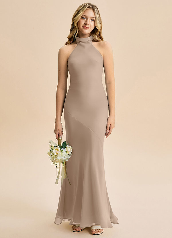Azazie Velli Junior Abito Sirena in Chiffon Collo alto Taupe image1