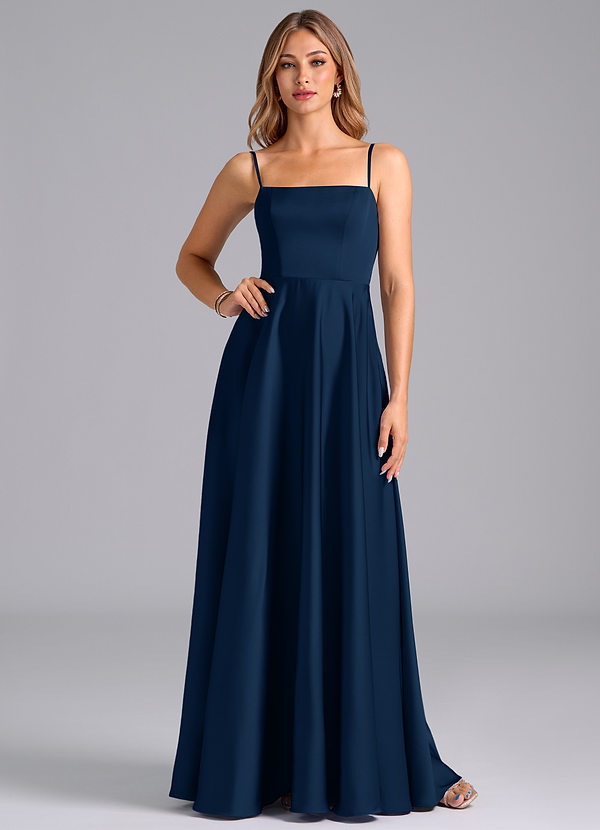 Azazie Elita Bridesmaid Dresses Dark Navy A-Line Pleated Stretch Satin Dress image1