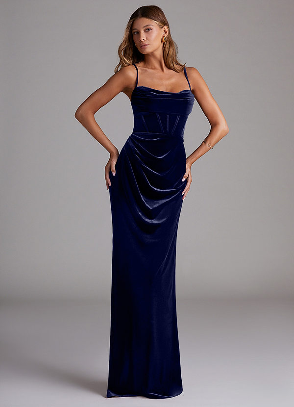 Azazie Mai Bridesmaid Dresses Dark Navy Sheath Sweetheart Neckline Velvet Dress image1