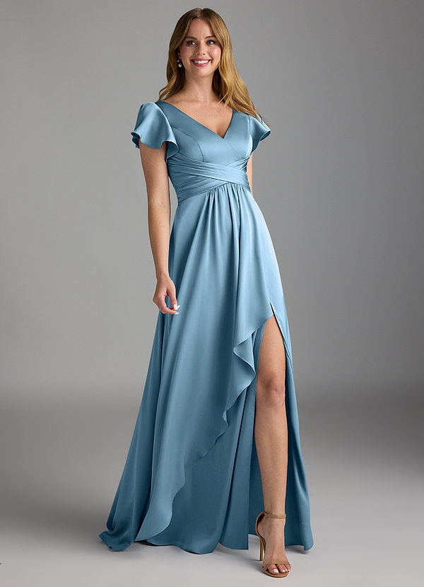 Azazie Omari Bruidsmeisjes Jurken Jurk van Stretch Satijn met A-Lijn Staal Blauw image1