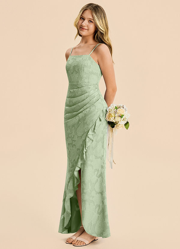 Azazie Buzzy Junior Dusty Sage Sheath Pleated Chiffon Dress image1