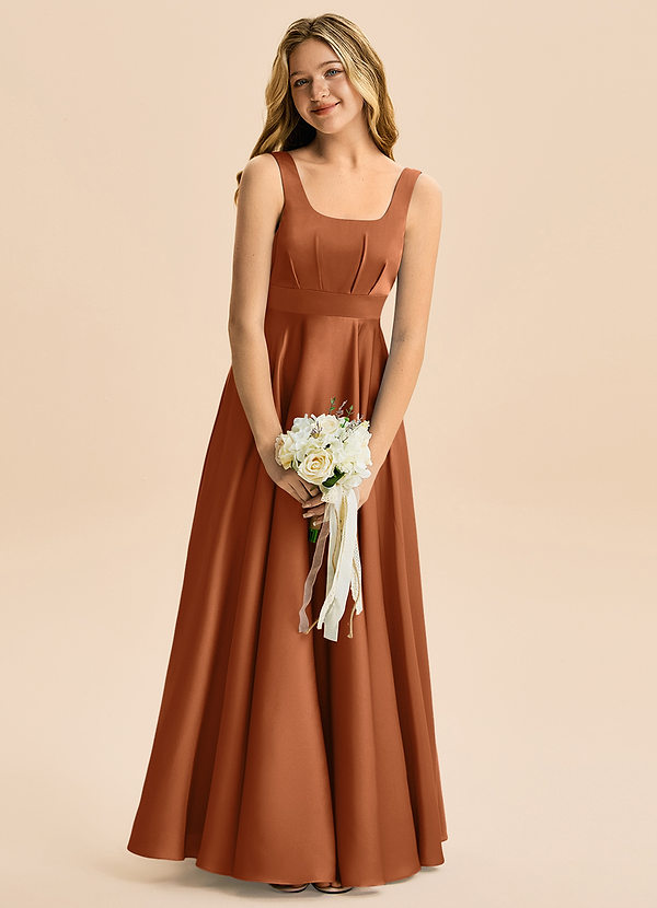 Azazie Gabby Junior Vestido de Cobre de Satén Elástico de Corte en A con Plisado image1