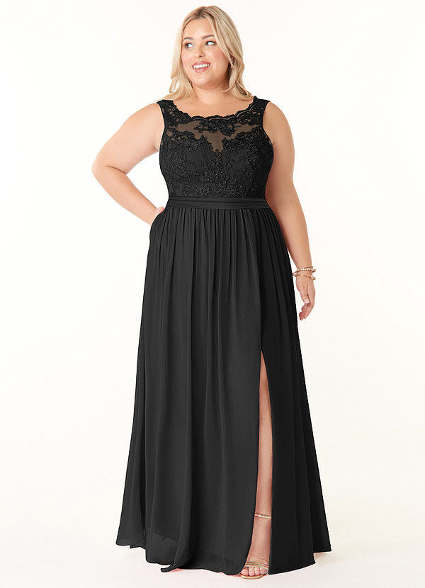 Azazie Elly Vestidos Dama de Honor Vestido de Negro de Gasa de Corte en A con Escote redondo de encaje image1
