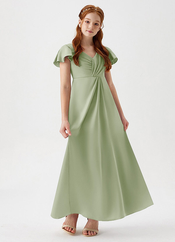 Azazie Soren Junior Abito A-Line in Raso Elasticizzato Increspato Verde Salvia image1