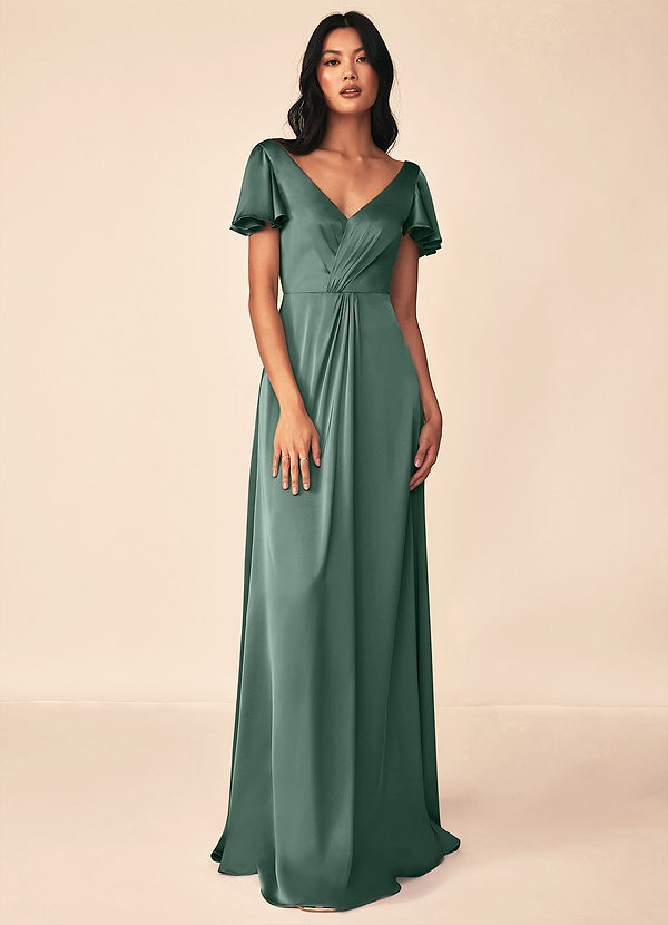 Azazie Soren Bridesmaid Dresses Eucalyptus A-Line Pleated Stretch Satin Dress image1
