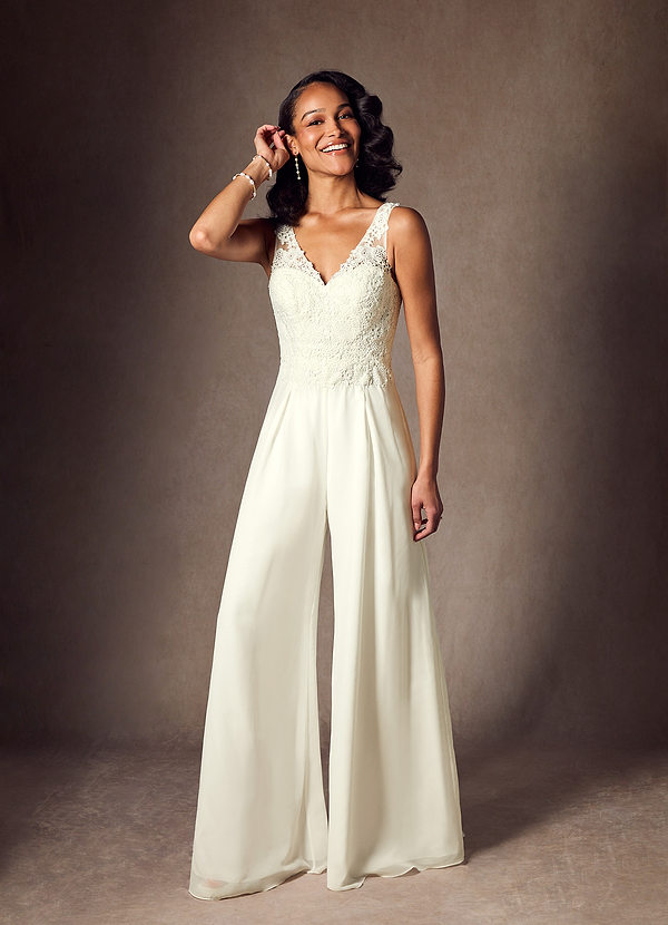 Azazie Florine Wedding Dresses Cream Pant Styles V-Neck Lace Chiffon Dress image1