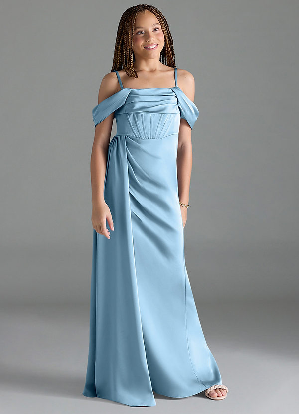 Amyra Junior Sheath Off the Shoulder Stretch Satin Dress