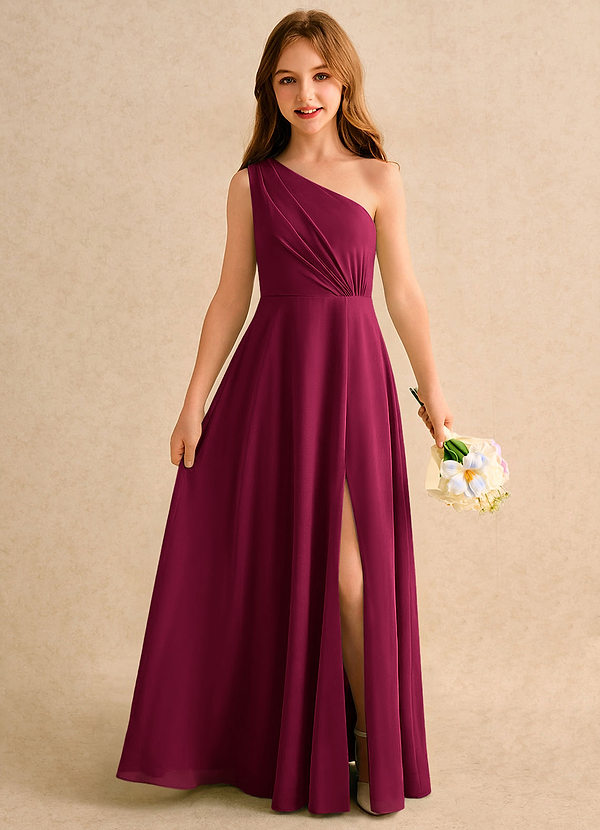 Azazie Puddles Girls Formal Flower Girl Dresses Burgundy A-Line One Shoulder Chiffon Dress image1