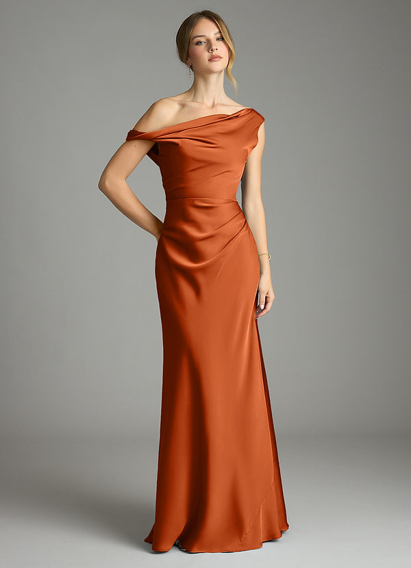 Azazie Emerson Bridesmaid Dresses Burnt Orange Mermaid Off the Shoulder Stretch Satin Dress image1