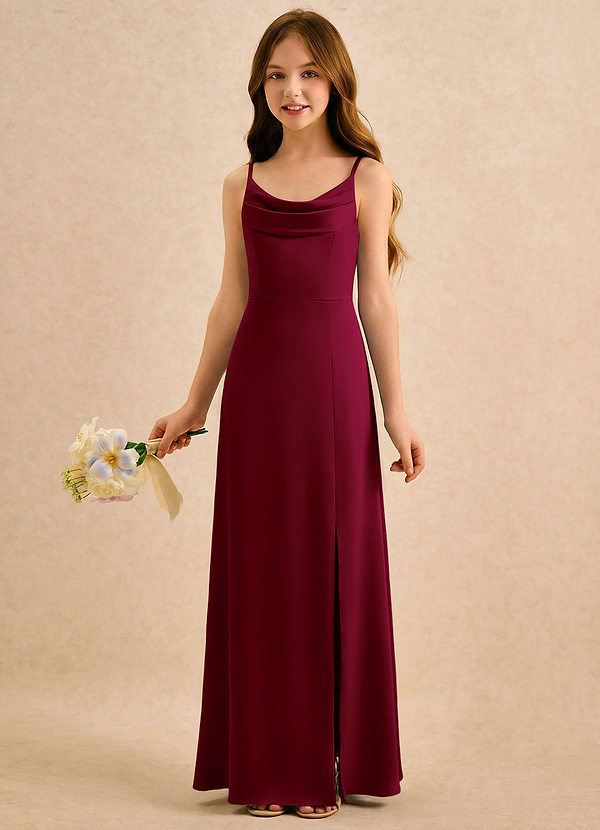 Azazie Shira Girls Formal Flower Girl Dresses Burgundy A-Line Pleated Stretch Satin Dress image1