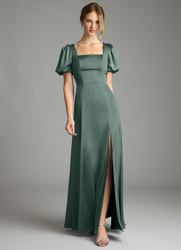 Azazie Fyona Bridesmaid Dresses Sea Moss A-Line Pleated Stretch Satin Dress image1