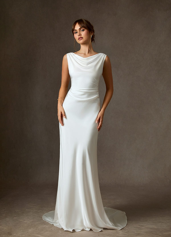 Azazie Kieryn Wedding Dresses Diamond White Fit and Flare Stretch Satin Dress image1