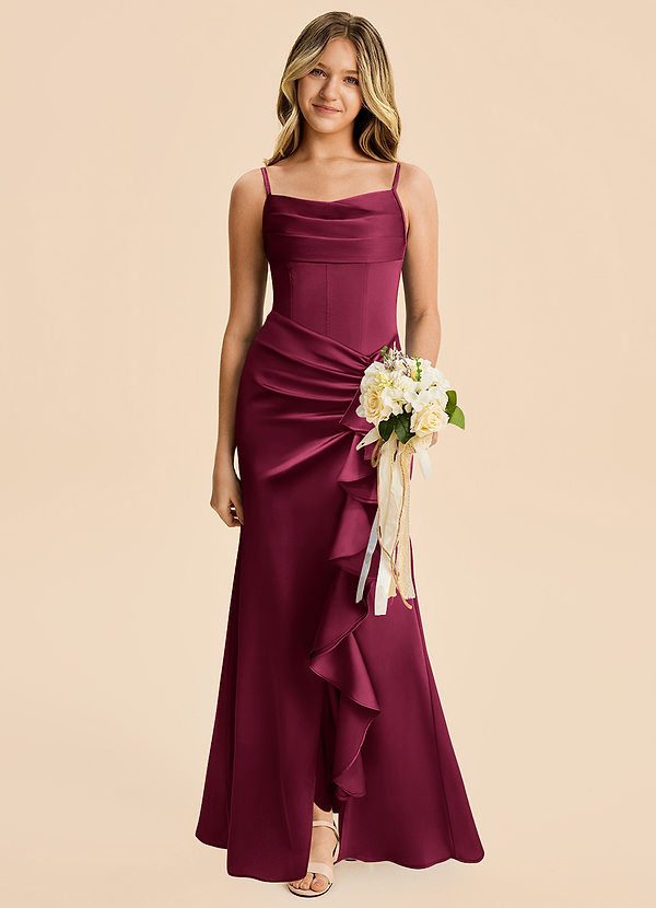 Azazie Rosalia Junior Burgundy Sheath Pleated Stretch Satin Dress image1