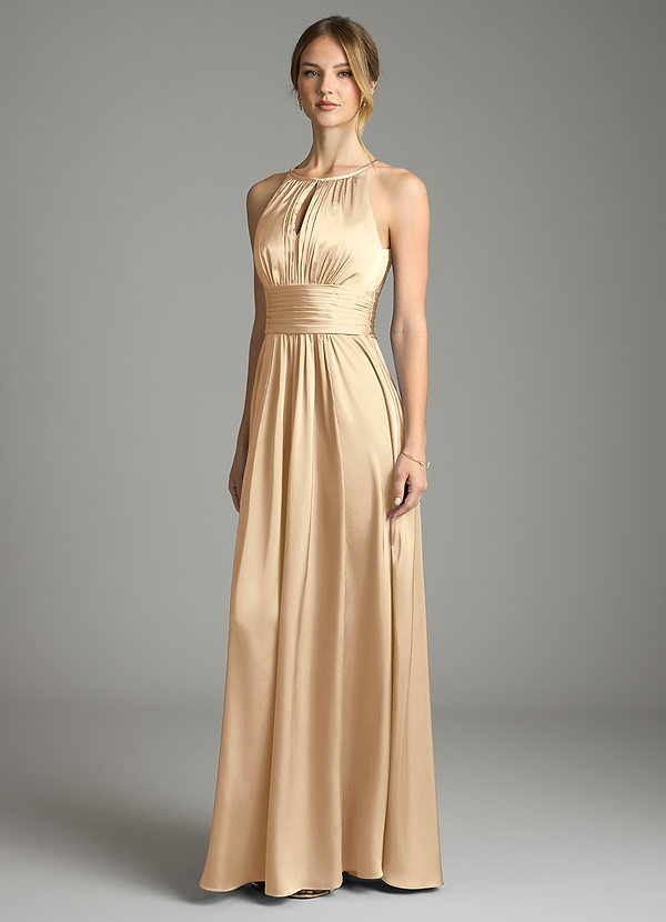 Azazie Bonnie Bridesmaid Dresses Champagne A-Line Pleated Stretch Satin Dress image1