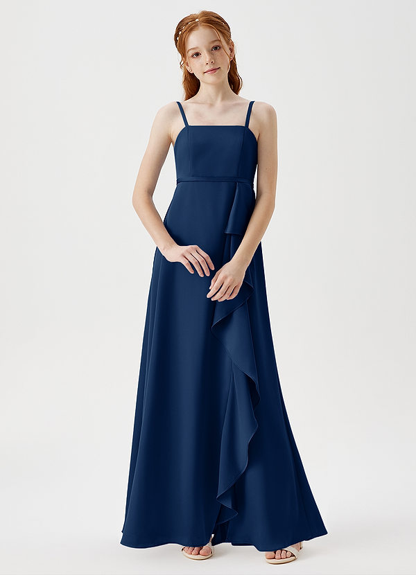 Azazie Kaylee Junior Robe Trapèze en Satin extensible avec ceinture Bleu Marine Foncé image1