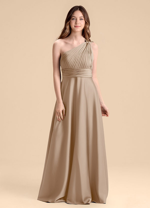 Azazie Charlize Junior Robe Trapèze en Satin extensible Plissée Taupe image1