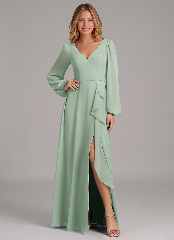 Azazie Simone Abiti da Damigella Abito A-Line in Chiffon Manica Lunga Agave image1