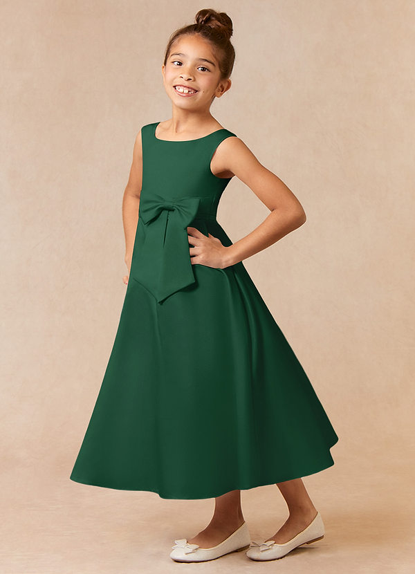 Azazie Lindy Flower Girl Dresses Dark Green A-Line Pleated Matte Satin Dress image1
