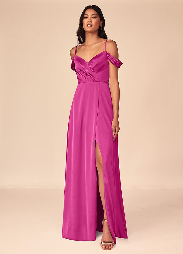 Azazie Ocean Brautjungfernkleider A-Linie V-Hals Gefaltet Stretch-Satin Kleid Fuchsia image1