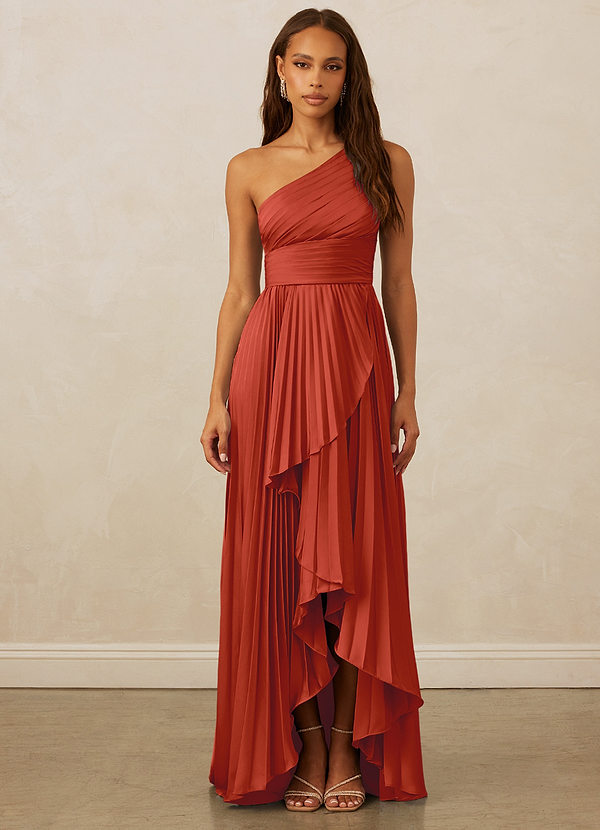 Christian Siriano Bridal for Azazie 1008 Robes Demoiselle d'honneur Robe Trapèze en Satin extensible Ue épaule Rouille image1