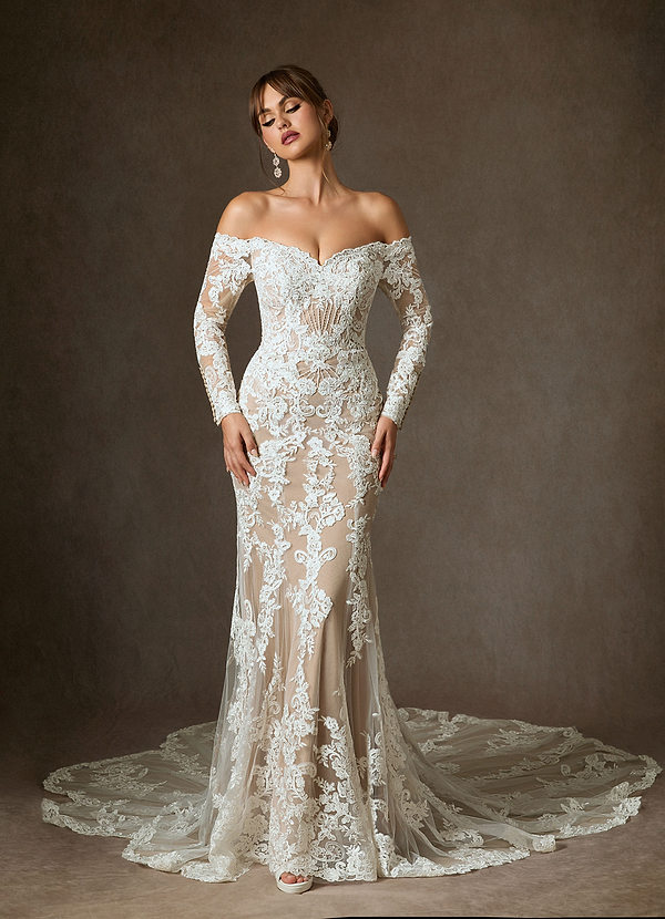 Azazie Empiria Wedding Dresses Diamond White Nude Mermaid Sequins Tulle Dress image1