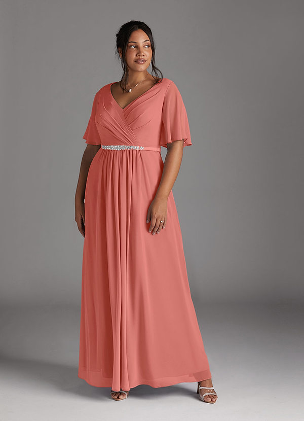 Azazie Tricia Mother of the Brides Dresses Salmon Pink A-Line V-Neck Pleated Chiffon Dress image1