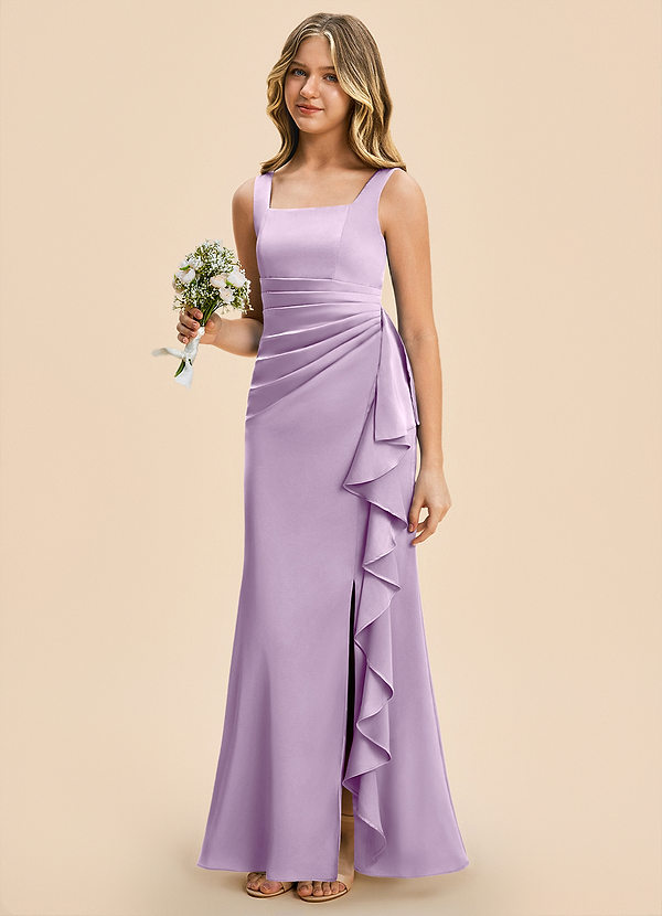 Azazie Adrienne Junior Frosted Lilac Sheath Pleated Stretch Satin Dress image1