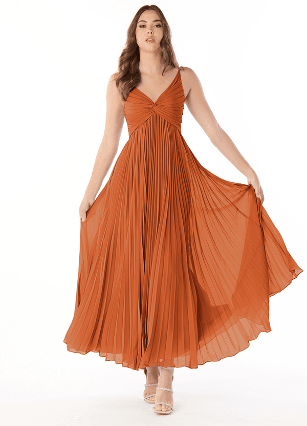 Azazie Raychelle Robes Demoiselle d'honneur Robe Trapèze en Mousseline de soie Col en V Cannelle image1