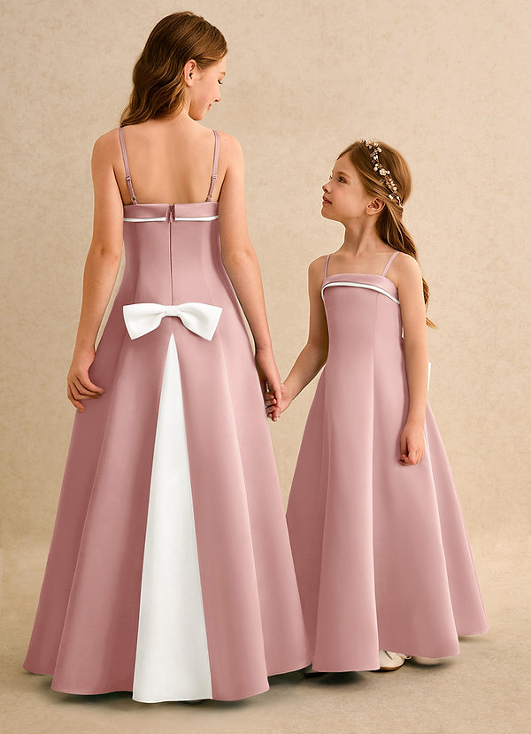 Azazie Izel Girls Formal Flower Girl Dresses Ivory Rose Gold A-Line Pleated Matte Satin Dress image1