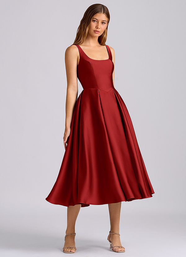 Azazie Amalie Bridesmaid Dresses Pomegranate A-Line Pleated Stretch Satin Dress image1