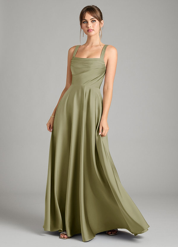 Azazie Shaude Bridesmaid Dresses Pistachio A-Line Pleated Stretch Satin Dress image1