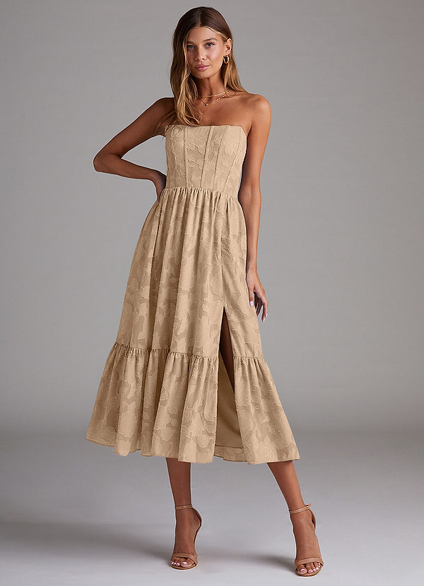 Azazie Delphina Brautjungfernkleider Wandelbar A-Linie Schulterfrei Blumen-Burnout Kleid Champagner image1