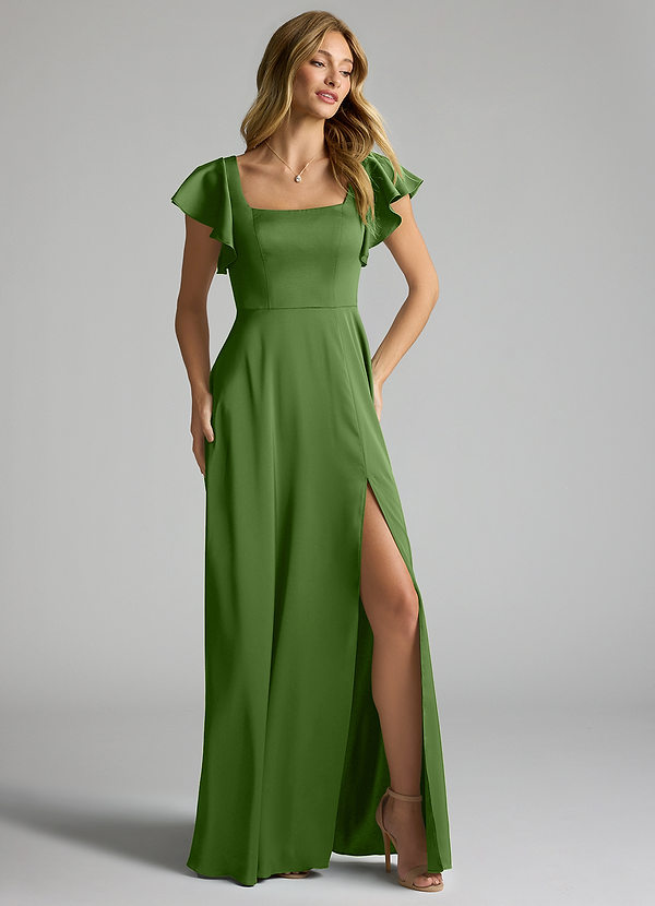 Azazie Bondi Bridesmaid Dresses Basil A-Line Bow Stretch Satin Dress image1