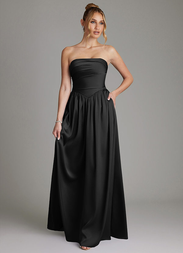 Azazie Zena Bridesmaid Dresses Black A-Line Strapless Stretch Satin Dress image1